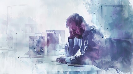 Illustration of a man feeling overwhelmed or stressed out at work, sitting with his head in his hands in front of a computer.