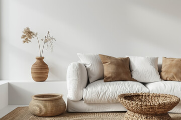 A sofa with white pillows and brown pillows next to a plant and two wicker baskets.