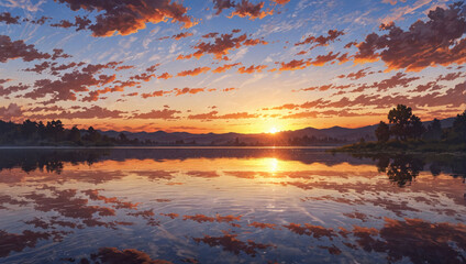 Sunset over a tranquil lake with reflections in the water.