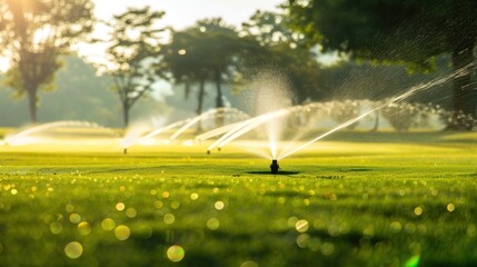Watering a good golf course grass for maintenance before to play. Generated AI image