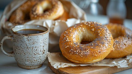 A black ceramic cup of coffee sits on a white table next to a bag of carbonated bagels that is placed in a plastic bag.