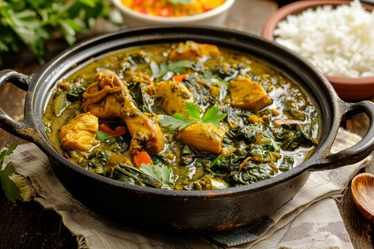 Indian chicken saag curry with vegetables and rice
