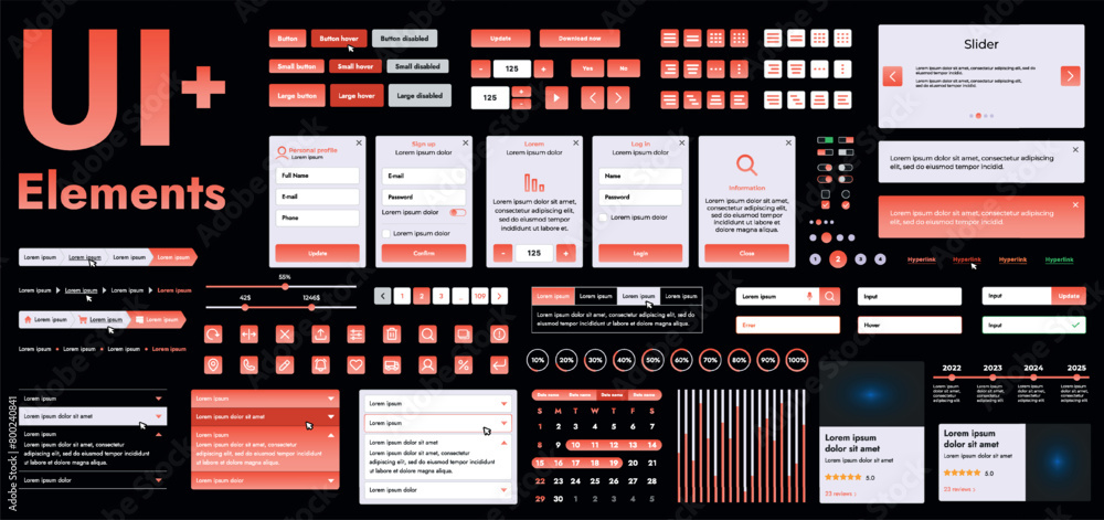 Poster a set of modern red web interface elements designed for the development and design of websites and m