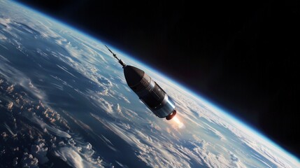 Spacecraft ascending above Earth's atmosphere, rocket engine ignited, against backdrop of blue...