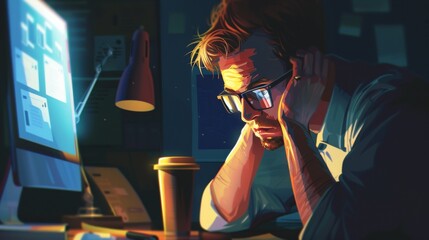 A person is concentrated on their computer screen in a dimly lit room with a desk lamp, reflecting the glow of technology on their face. - obrazy, fototapety, plakaty