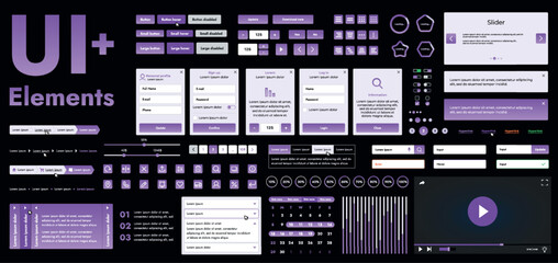 A set of modern purple web interface elements designed for the development and design of websites and mobile applications. Includes buttons, icons, navigation elements, slyder, forms.