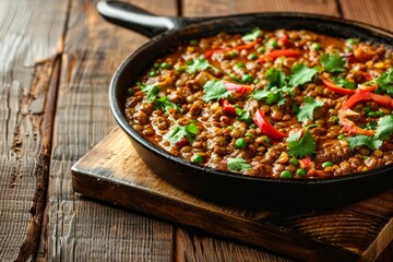 Indian dish with spicy green lentils meat spices herbs in cast iron pan on wooden table with copy space