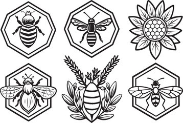 set off bee and flower balck and white illustration - obrazy, fototapety, plakaty