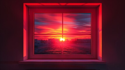 From the window, you can see the beautiful red sunset. Sunset on the sky.