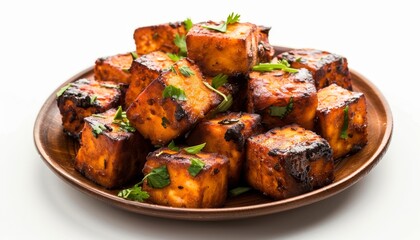 Indian roasted cottage cheese bites served on a white plate