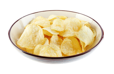 Bowl of potato chips isolated on white background.