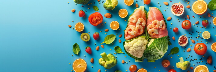 Assorted fresh foods on blue background with copy space, ideal for nutrition and healthy lifestyle