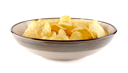 Bowl of potato chips isolated on white background.