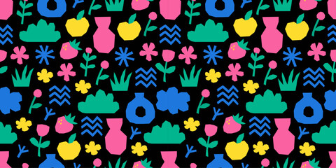 Trendy vector pattern of rainbow abstract paper cutouts. Collage style. Ideal for designing cards, covers, packaging, and wrapping paper with a hand-drawn touch on dark background.