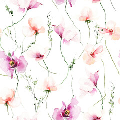 Watercolor floral seamless pattern. Pink, orange poppy, rose wild flowers, green small branches on white background.
