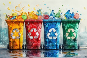 Artistic image of colorful recycling bins with a dynamic splash of garbage emphasizing the concept of recycling and waste management