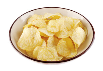 Bowl of potato chips isolated on white background.
