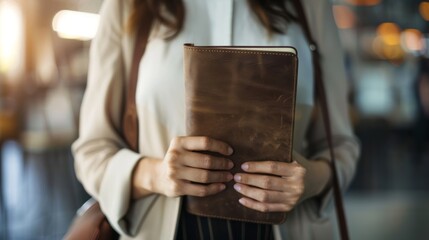 Close-up of a woman's hands holding a leather notebook in a corporate setting, symbolizing organization, planning, and professionalism.