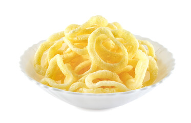 White bowl with onion ring chips isolated on a white background.