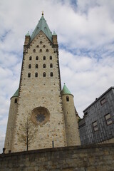 View of the tower of the cathedral in Paderborn, North Rhine-Westphalia, Germany,