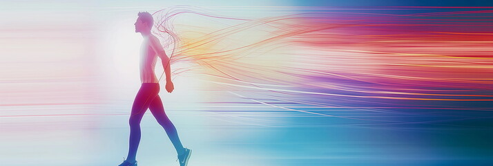 Dynamic silhouette of a man walking with colorful motion trails, representing energy and speed