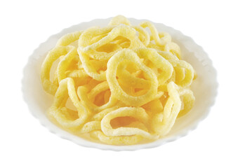 White bowl with onion ring chips isolated on a white background.