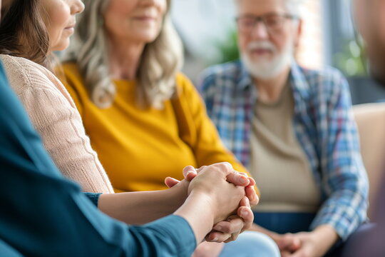 Close-up of a senior couple and caregiver holding hands, support and care concept