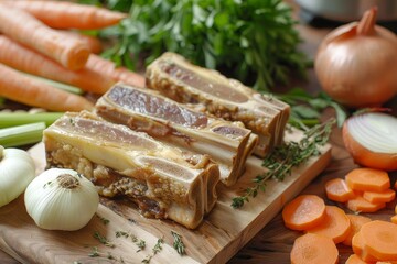 Ingredients for beef bone broth marrow bones carrots onions celery