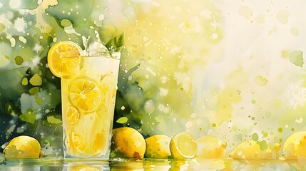 Vibrant Lemonade Splash in Glass Against Sunny Lemon Grove Background