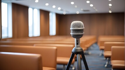 In the conference seminar room, a microphone