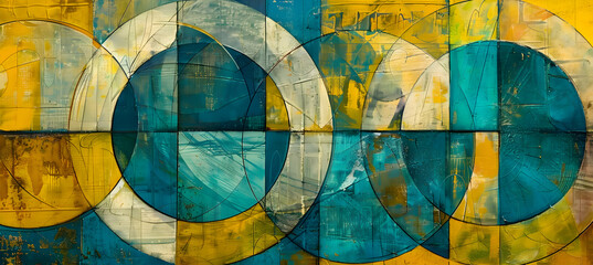 An artistic representation in HD of circular forms and intersecting lines, in a striking combination of yellow and teal, intended to impart a lively and energetic feel