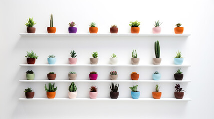 Potted flowers adorning a white wall, isolated against a stark white background