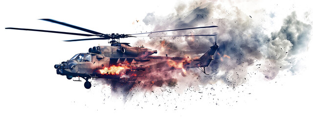 Combat helicopter explosion in the air from a missile hit isolated on the transparent background