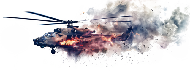 Combat helicopter explosion in the air from a missile hit isolated on the transparent background