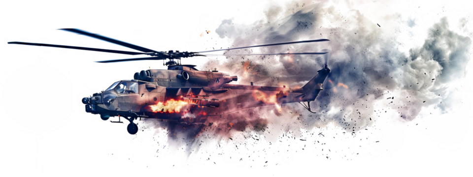 Combat helicopter explosion in the air from a missile hit isolated on the transparent background