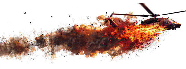 Combat helicopter explosion in the air from a missile hit isolated on the transparent background
