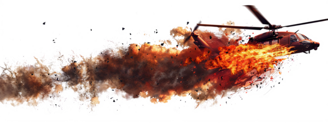 Combat helicopter explosion in the air from a missile hit isolated on the transparent background