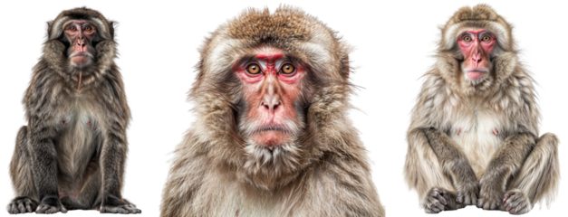 Japanese macaque bundle, sitting and portrait, isolated on a white background