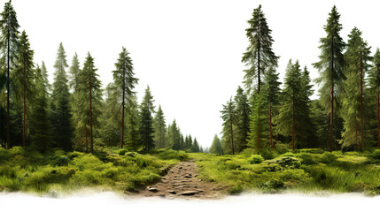 A solitary forest scene against a stark white background