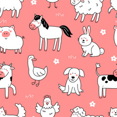 Seamless pattern with cute farm animals in doodle style on pink background. Illustration of a background with animals