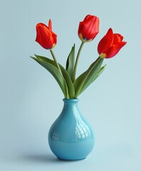 A blue vase with three red tulips, solid color background