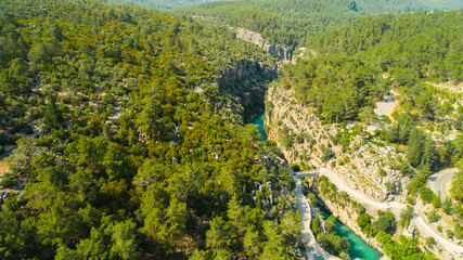Magnificent nature view of aerial flowing water of Koprulu Canyon in Turkey. Manavgat, Antalya.