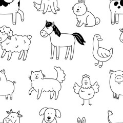 Seamless black and white pattern with cute farm animals in doodle style. Illustration of a background with animals