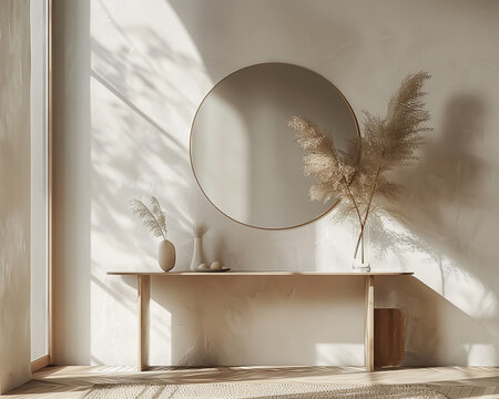 A minimal hallway with a round mirror, a wooden console, and a vase of pampas grass. The walls are textured and the light is streaming in from the window.