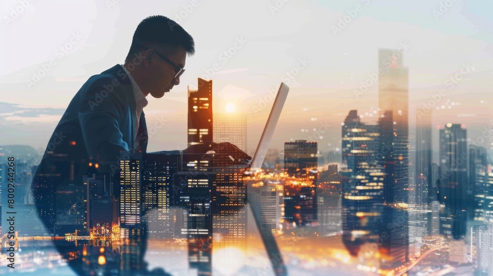 Poster double exposure a man sitting at a table with a laptop in front of it. suitable for business and tec