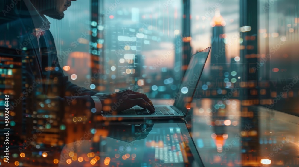 Poster double exposure a man sitting at a table with a laptop in front of it. suitable for business and tec