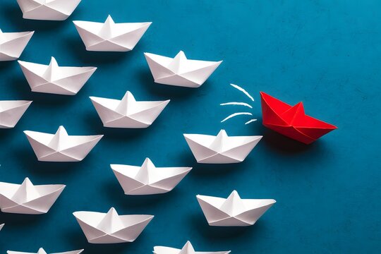Paper boats float peacefully, red one breaks free, symbolizing independence and exploration within conformity