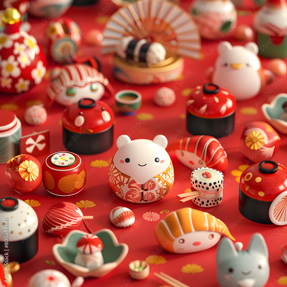 Poster a table with many small figurines and food items, including sushi. the table is red and has a floral