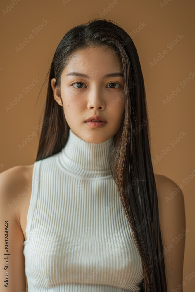 Wall mural A beautiful Asian woman with long straight hair, white tank top, and beige background is shown in a side face closeup for a skin care advertising shoot for the Korean beauty brand