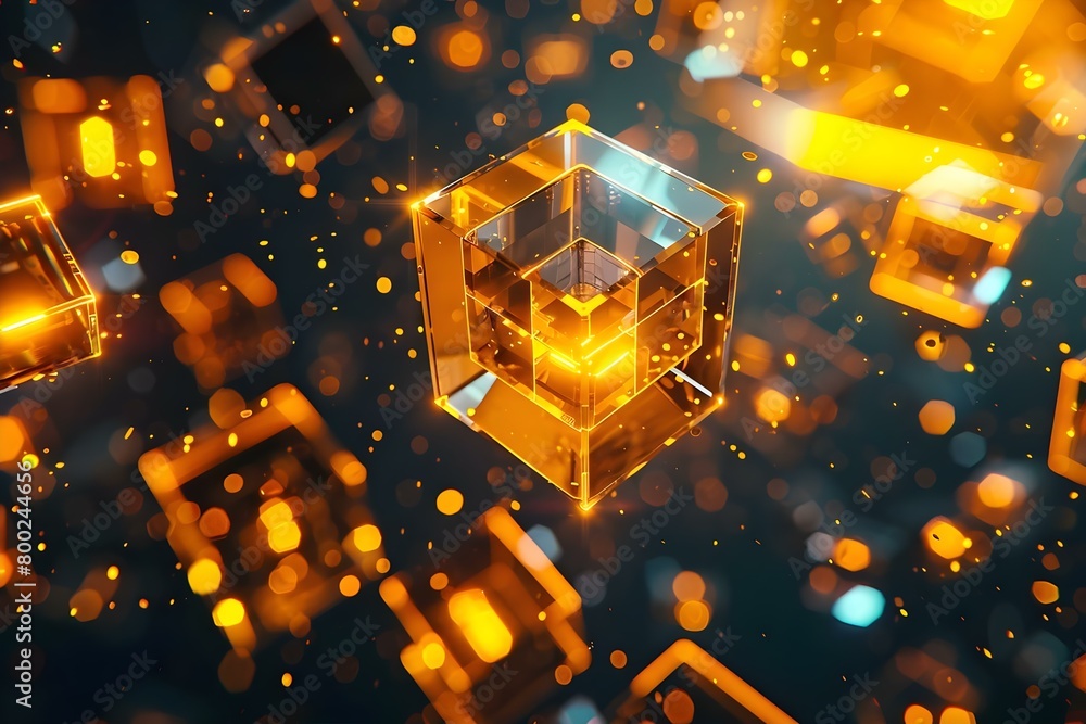 Poster decentralized blockchain currency depicted by floating cubes in digital space. concept digital art, 